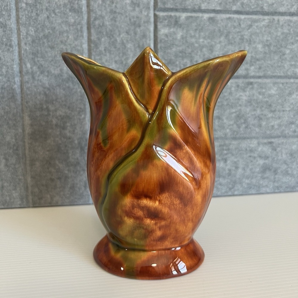MCM Art Pottery Vase Wavy Opening Orange Green Glazed Finish Signed
